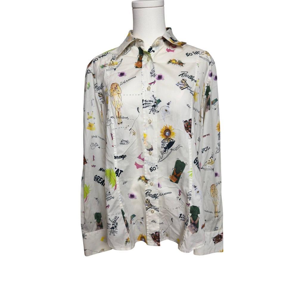 Etro Milano Women White Paper Doll Graphic Print Button Down Shirt IT 48 US L